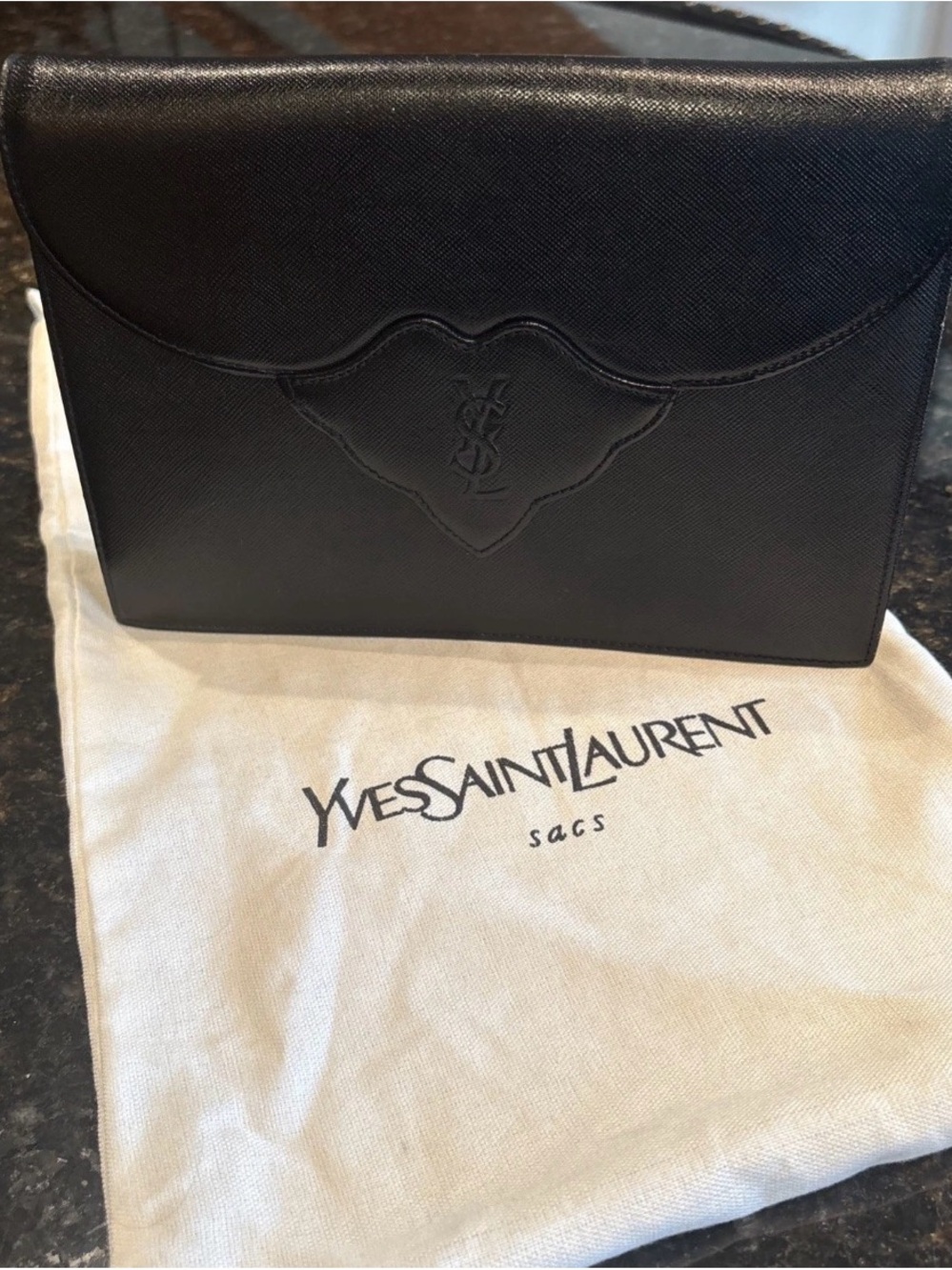 Vintage Yves Saint Laurent Black Saffiano Leather Envelope Clutch W/chain